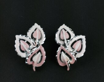 Vintage Earrings-Jewelcraft-leaves-heart-pink-white-enamel-playful-cheerful-Mad Men-Mid century-gift