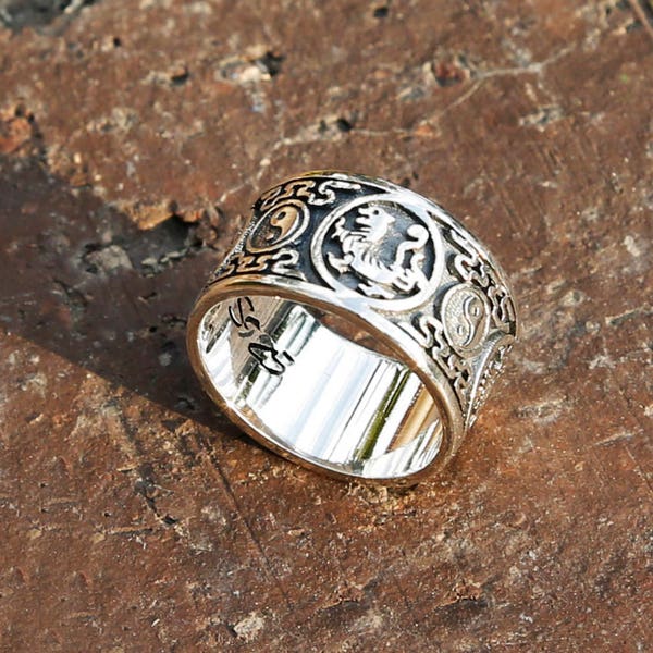 Bague dragon Yin Yang en argent sterling, bague de méditation, bague homme, bijoux bouddhistes tibétains, bague taoïste chinoise, bague tai-chi, bague pour homme (D)