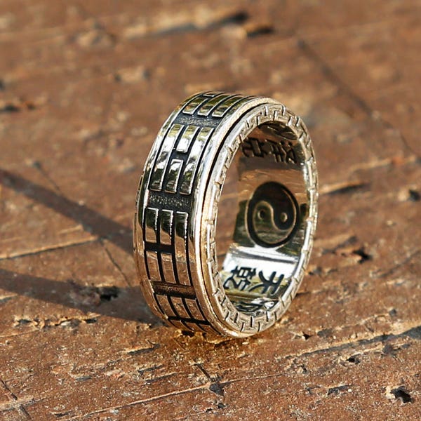 Yin Yang Sterling Silver Spinner Ring, Taoist Ba Gua Ring, Chinese Tai Chi Ring, Tibetan Ring, Meditation, Mens Ring Gift, Zen Ring,Yoga (B)
