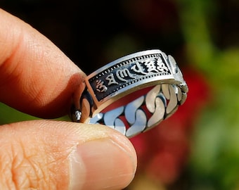 Buddhistischer Gebetsring im Kettenstil, Om-Ring, Sterlingsilber, tibetischer Buddhismus-Symbolring Herrenschmuck (O)