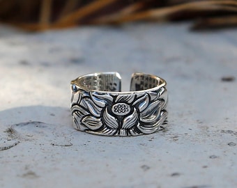 Embossed Lotus with Buddhist Sutra Adjustable Sterling Silver Ring, Tibetan Buddhism Prayer Om Ring, Meditation Yoga, Mens Ring, Nepal (S)