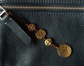 Brass Color Talisman Protection Zipper Charm Keychain Lanyard Bag Charm, Chinese Bagua Car Mirror Charm, Bagua Charm, Tibetan Keychain (T)