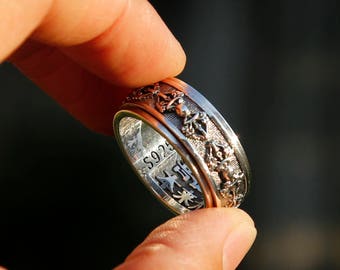 Geprägter tibetischer buddhistischer Vajra Sterling Silber Spinner Ring, Meditation Herren Ring, buddhistische Gebetssymbol Om Ring, chinesischer Mann Ring, (A)