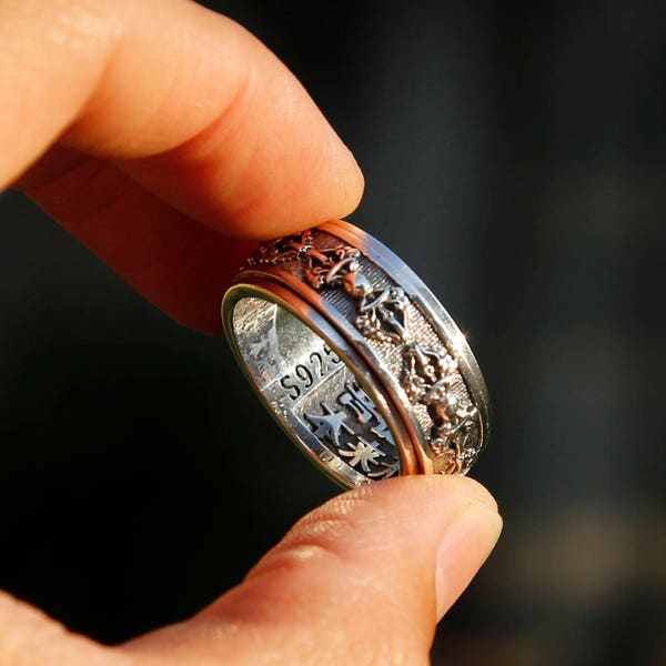 Embossed Tibetan Buddhist Vajra Sterling Silver Spinner Ring, Meditation Mens Ring, Buddhist Prayer Symbol Om Ring, Chinese Man Ring, (A)
