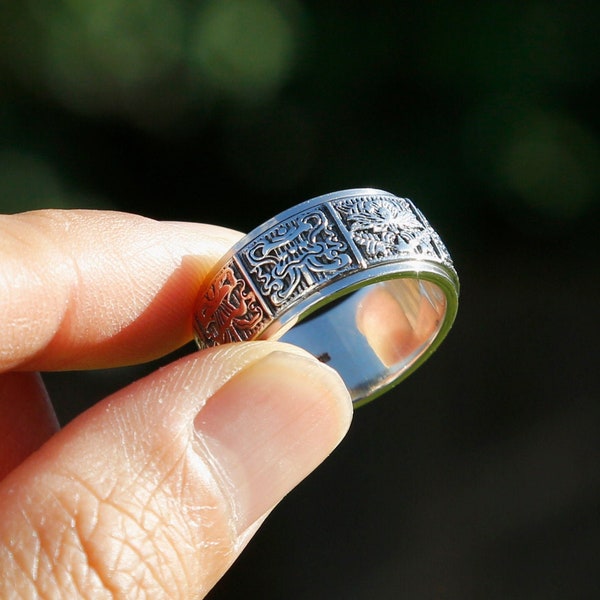 Embossed Tibetan Ashtamangala Sterling Silver Spinner Ring, Buddhism Eight Auspicious Symbols Ring, Mens Ring, Chinese Man Ring, Nepal (G)