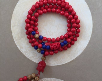 Synthetic Non-toxic Resin-based Cinnabar Buddha Charm 108 Bead Mala Necklace, Red Cinnabar Buddha Mala Lapis Lazuli, Wrap Wrist Bracelet (P)