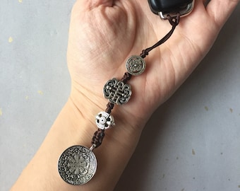 Silver Color Talisman Protection Zipper Charm Keychain Lanyard Bag Charm, Chinese Bagua Mirror Charm, Car Charm,  Tibetan Keychain (T)