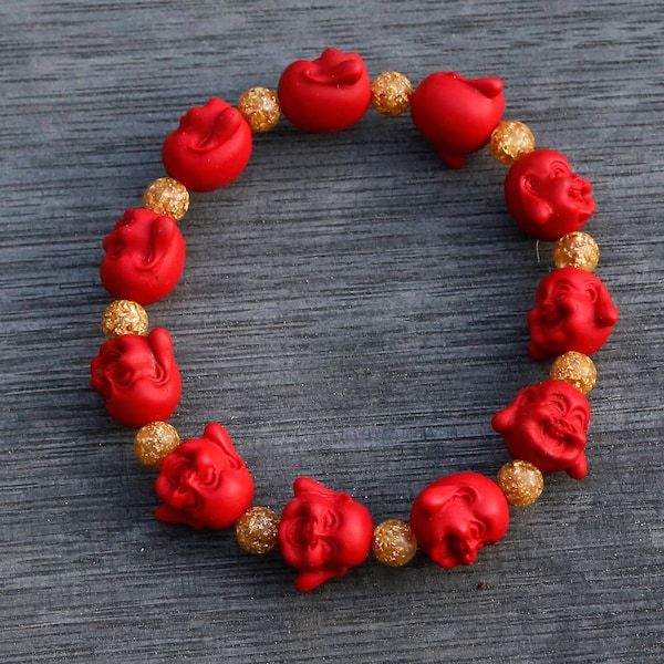 Synthetic Non-toxic Resin-based Cinnabar Maitreya Buddha Beaded Bracelet, Red Cinnabar Buddhism Bracelet,  Chinese Red Jewelry (R)