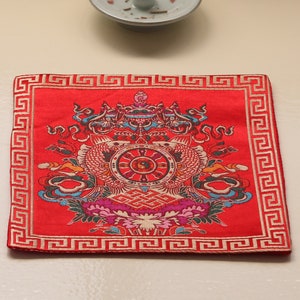 Tibetan Buddhist Ashtamangala Silk Brocade Shrine Table Cover Altar Cloth, Red 8”X8”, Chinese Endless Knot Buddhism Home Decoration Mat