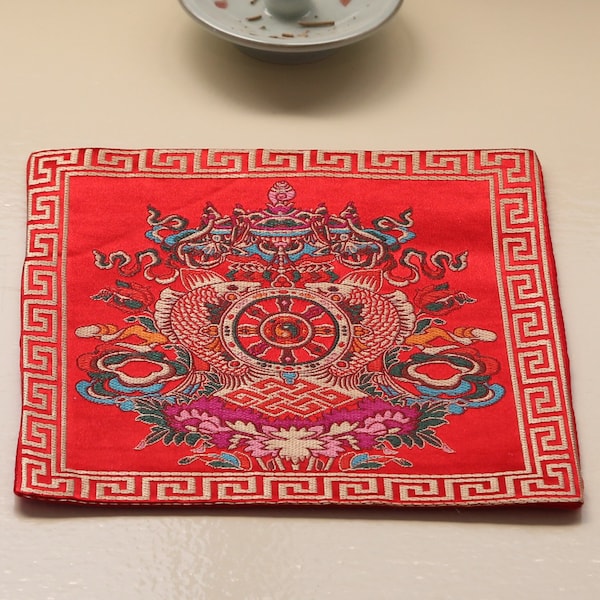 Tibetan Buddhist Ashtamangala Silk Brocade Shrine Table Cover Altar Cloth, Red 8”X8”, Chinese Endless Knot Buddhism Home Decoration Mat