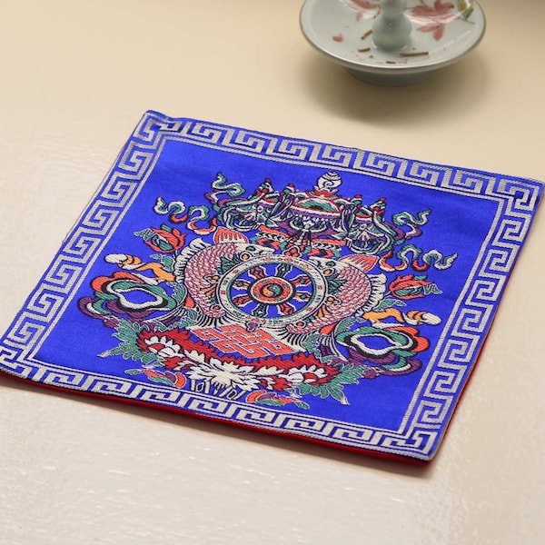 Tibetan Buddhist Ashtamangala Silk Brocade Shrine Table Cover Altar Cloth, Blue 8”X8”, Chinese Endless Knot Buddhism Home Decoration Mat