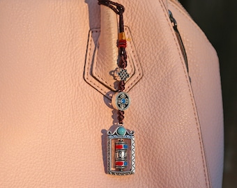 Tibetan Buddhist Prayer Wheel & Vajra Protection Bag Charm Zipper Charm, Buddhism Car Mirror Charm, Chinese Car Charm Lanyard Keychain (R)