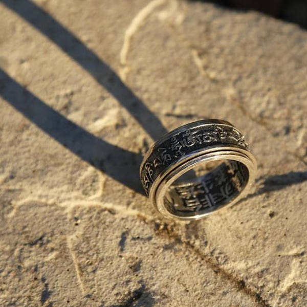 Tibetan Buddhist Prayers Sterling Silver Spinner Ring, Mens Ring, Buddhist Om Ring, Chinese Symbol Ring, Nepal, Meditation Jewelry, Man (C)