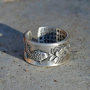 Vintage Style Embossed Lotus & Fish Adjustable Silver Ring, Mens Ring, Tibetan Buddhist Prayers, Chinese Buddhist Heart Sutra Om Ring (S)