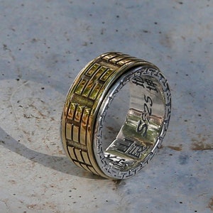 Dual Color Yin Yang Brass and Sterling Silver Spinner Ring, Taoist Ba Gua Ring, Chinese Tai Chi Ring, Mens Ring Gift, Meditation Ring (K)