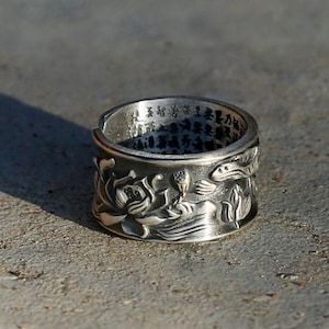 Vintage Style Embossed Lotus Adjustable Silver Ring, Mens Ring, Tibetan Buddhist Prayers, Chinese Buddhist Heart Sutra Om Ring,Man,Nepal (S)