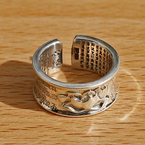 Embossed Lotus with Buddhist Sutra Adjustable Sterling Silver Mens Ring, Tibetan Buddhism Prayer Om Ring, Meditation Yoga, Man, Chinese (S)