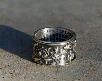 Vintage Style Embossed Lotus Adjustable Silver Ring, Mens Ring, Tibetan Buddhist Prayers, Chinese Buddhist Heart Sutra Om Ring,Man,Nepal (S)