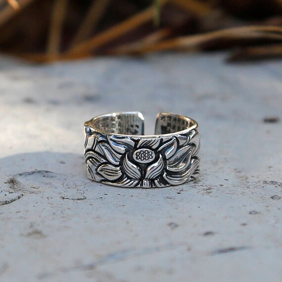 Embossed Lotus With Buddhist Sutra Adjustable Sterling Silver Ring