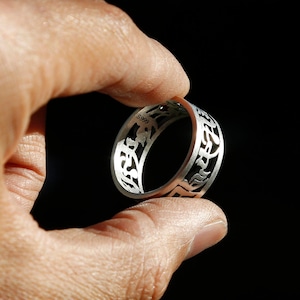 Hollowed-out Tibetan Buddhist Prayer Silver Ring, Buddhism Symbols Mens Om Ring, Meditation Jewelry, Zen Yoga Ring,Chinese Buddhism Ring (E)