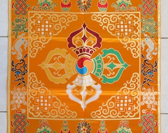Mantel de altar de brocado de seda con cruz vajra tibetana, mantel de mesa budista para santuario, decoración del hogar (71 x 71 cm)