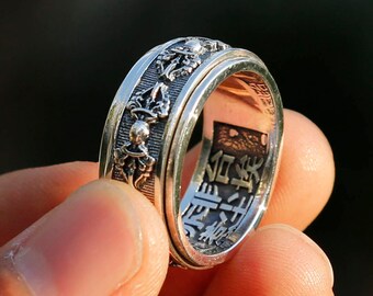 Tibetan Buddhist Spinner Ring - Men's Stainless Steel Black Mantra Ring 6mm