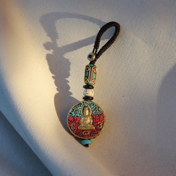 Porte-clés Bouddhisme Fleur De Lotus En Bois - Pendentif Perles Sac Voiture - Cadeau Bouddhiste Style Rétro 9cm