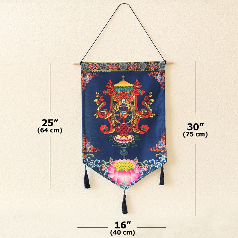 May include: A blue tapestry with a colorful mandala design, featuring a lotus flower, and tassels. The tapestry is 30 inches tall and 16 inches wide.