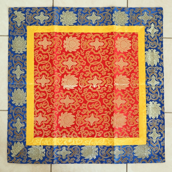 Tibetan Buddhist Shrine Table Cover Mat, Lotus Silk Brocade Altar Cloth (28”X28”) Red