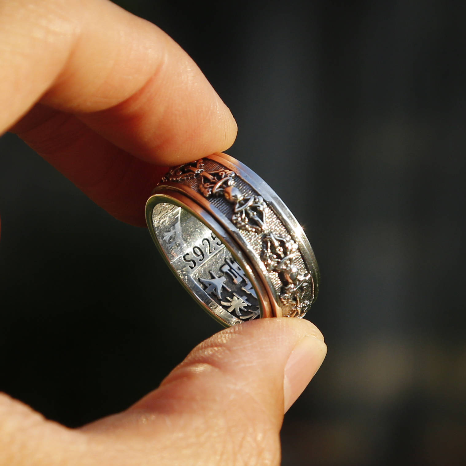 Embossed Tibetan Buddhist Vajra Sterling Silver Spinner Ring, Meditation Mens Ring, Buddhist Prayer Symbol Om Ring, Chinese Man Ring, Nepal