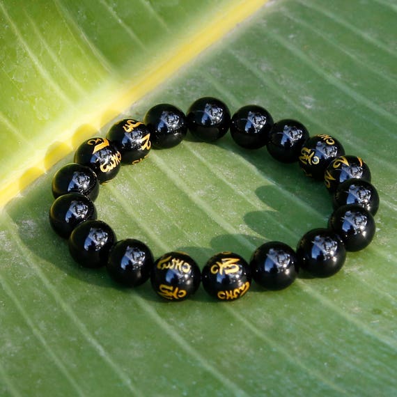 Tibetan Buddhist Prayers Symbols Black Onyx Beaded Bracelet, Mens