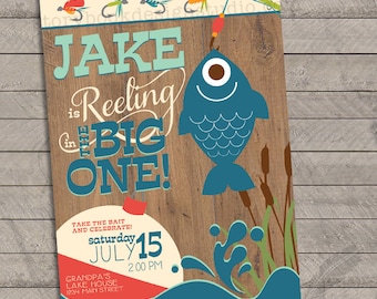 Fishing Birthday Party Invitations , fishing, lake, camping, reeling in, first, one, digital file, printable