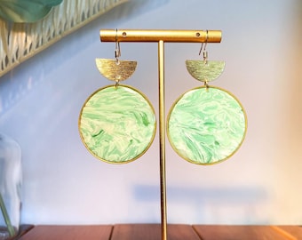 Green Marble Polymer Clay Hoop Earrings, Gold-Plated Sterling Silver