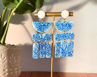 Grecian Blue Polymer Clay Earrings, Faux Porcelain Jewelry