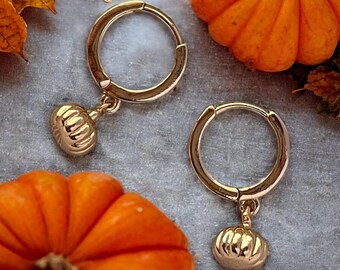 Gold Pumpkin Dangle Huggie Earrings, Fall Accessories