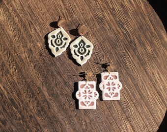 Handmade Ceramic Dangle Earrings, Polymer Clay, Ornate Glaze
