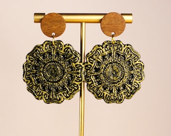 Boho Mandala Polymer Clay Earrings, Wood Post