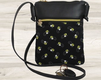 Small crossbody bag, Faux leather Honeybee print, Great Mothers day gift