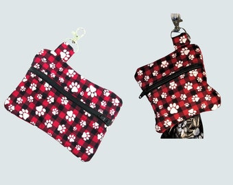 Buffalo Plaid and paw print Dog poop bag holder Fun  in 3 sizes zipper close waste bag dispenser Dog leash accessory pouch free roll of bags