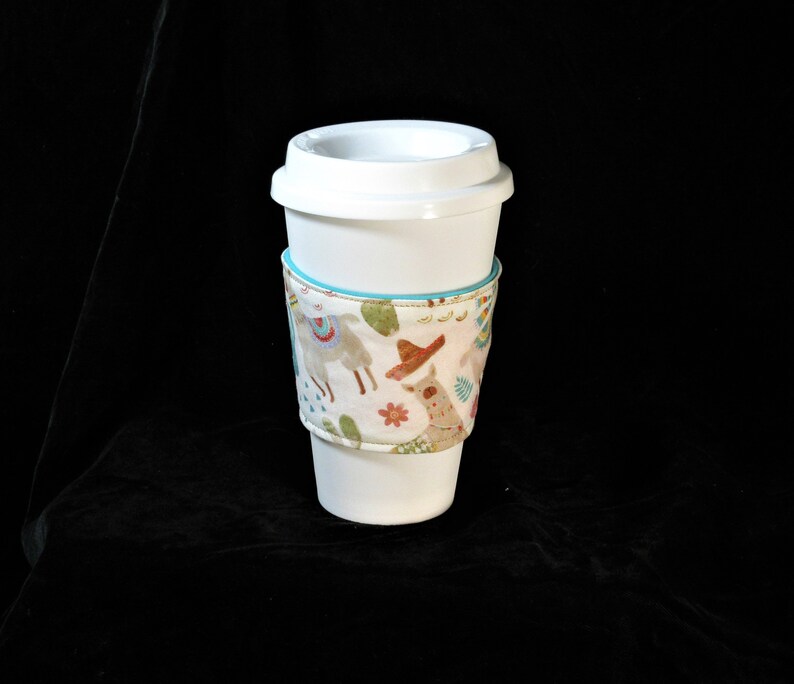 Beverage Cozie Iced Tea lovers gift NO Prob LLama hot or cold coffee sleeve tan white aqua environmentally friendly great mom gift