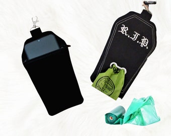 Dog poop bag dispenser - Free roll of bags,  coffin shape with zipper close  to attach to leash RIP  and opening embroidered in silver