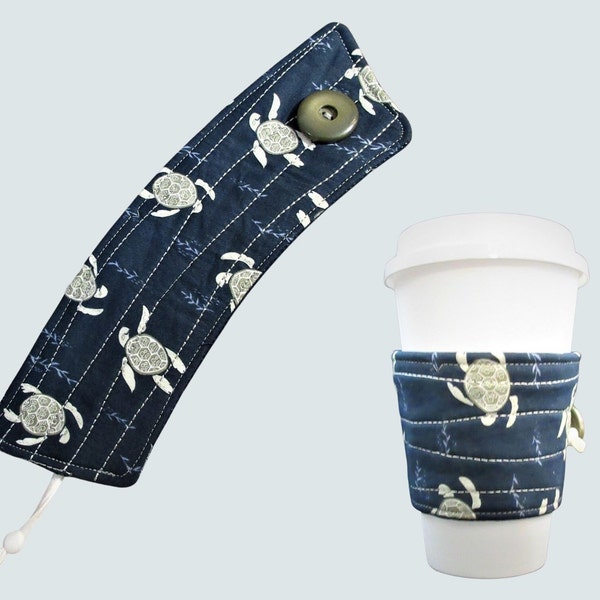 Gray Turtle beverage sleeve.  Navy Blue  and Aqua ocean sea grass Coffee drink sleeve, Adjustable and insulated hot or cold beverages