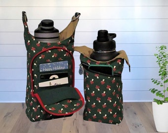 Merry Mushroom Water Bottle holder,  Red Mushrooms print water bottle carrier with wallet pocket, Great festival bag