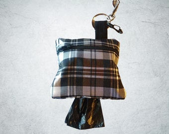 Plaid dog poop bag holder, waste bag dispenser all colors in country to black tie formal plaid style FREE roll - bags, leash accessory pouch