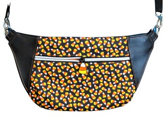 Candy Corn Fanny Pack bum bag for men or women.  Scattered Candy Corn  print, Faux Black leather, Candy Corn Charm, carry festivals or parks
