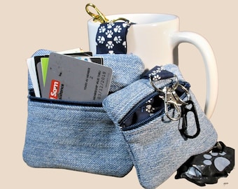 Denim Dog Poop Bag Holder: Paw Print Lining, Zippered Dispenser