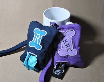 Dog Poop bag holder dispenser personalized in many colors with bone letters