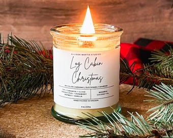 Log Cabin Christmas Beeswax Candle, Wood Wick, Essential Oils