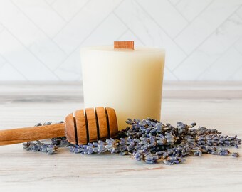 REFILL Allergy Friendly, White Beeswax Candle, Lavender Honey Scent, Eco-Conscious, Hand Poured, Essential Oils, Wood Wick, Clean Burning