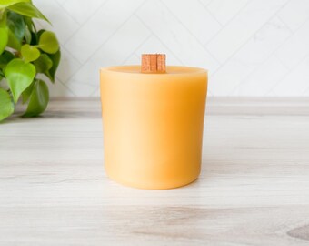 REFILL 100% Pure Yellow Beeswax Candle, Unscented, Handmade, Non-Toxic, Crackling Wood Wick, Spanish Glass, Clean Slow Burning, Pet Safe
